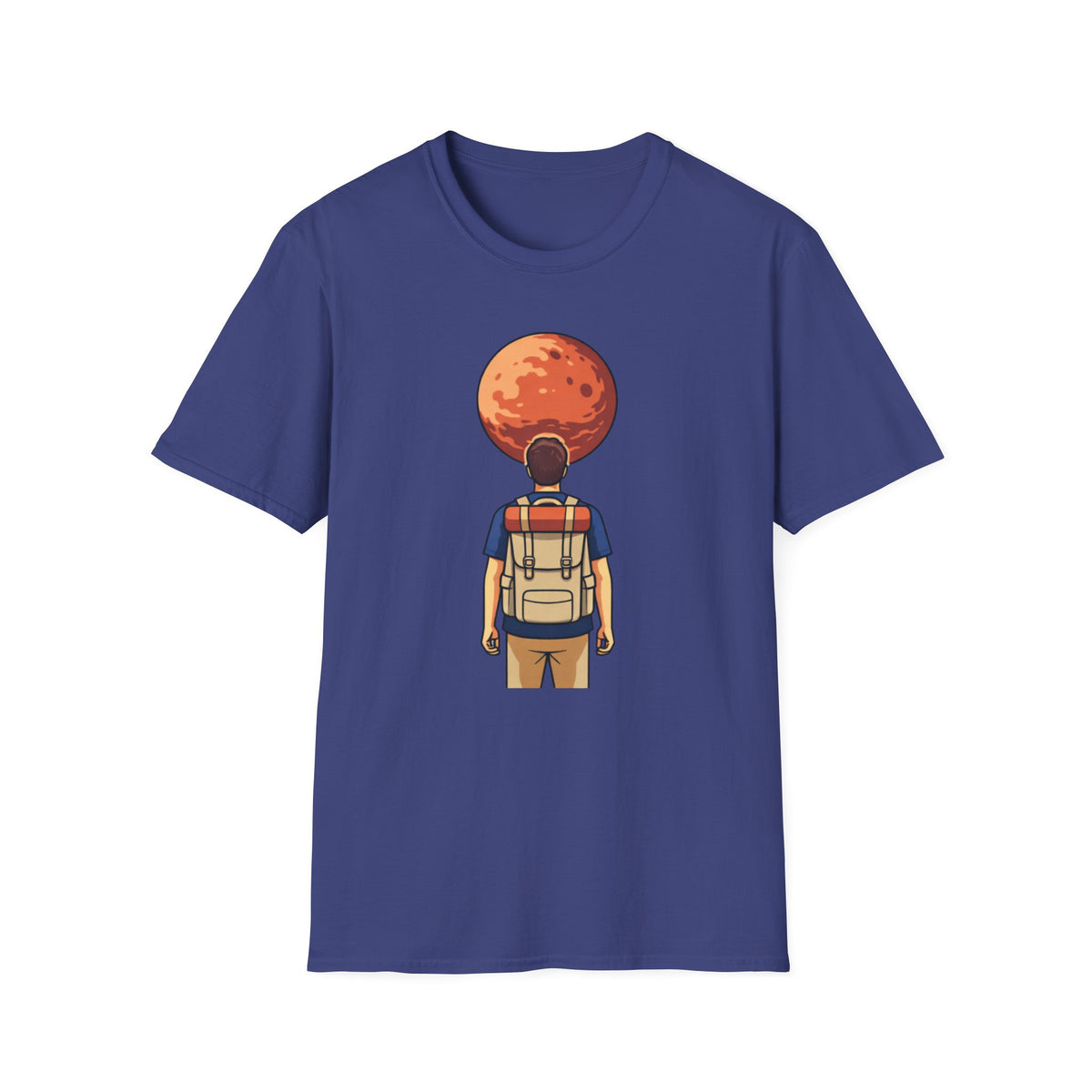 Adventure Backpacker T‑Shirt — Traveler Gazing at Red Planet Graphic