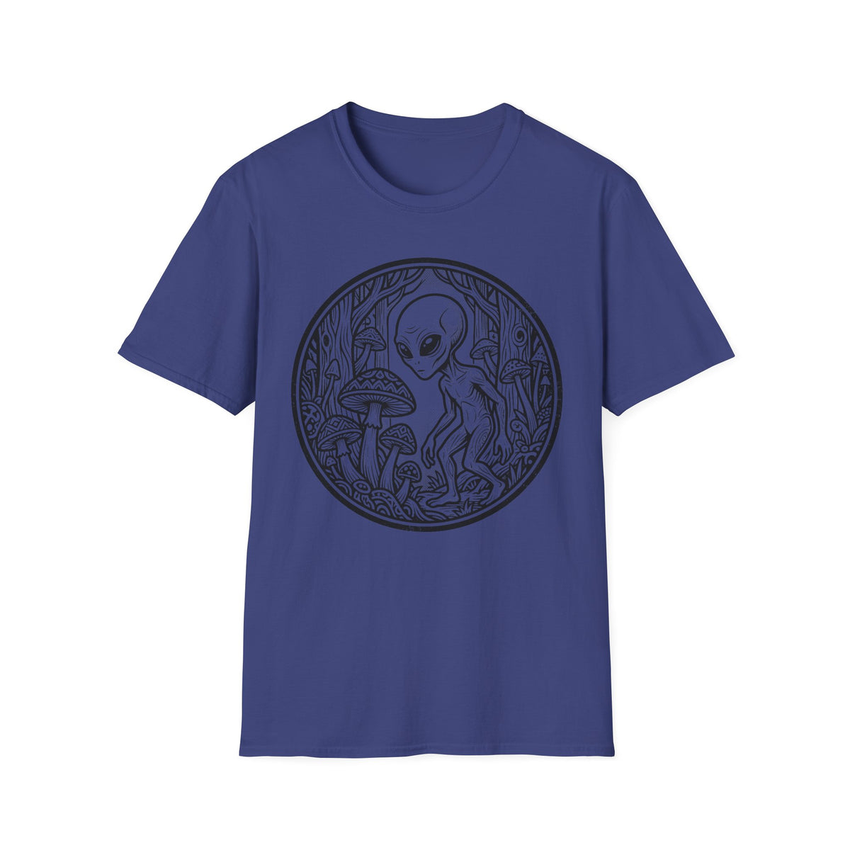 Alien Among Mushrooms T‑Shirt — Psychedelic Forest Graphic Tee