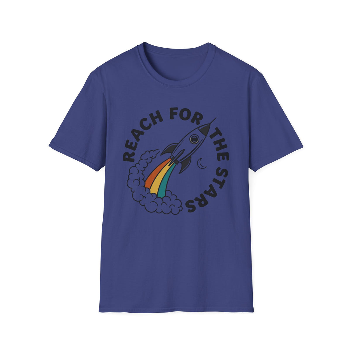 Reach for the Stars Rocket T-Shirt — Inspirational Retro Rainbow Space Tee