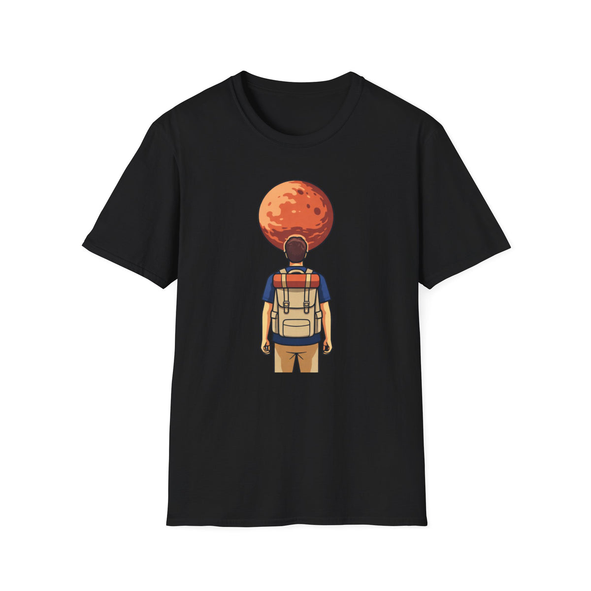 Adventure Backpacker T‑Shirt — Traveler Gazing at Red Planet Graphic