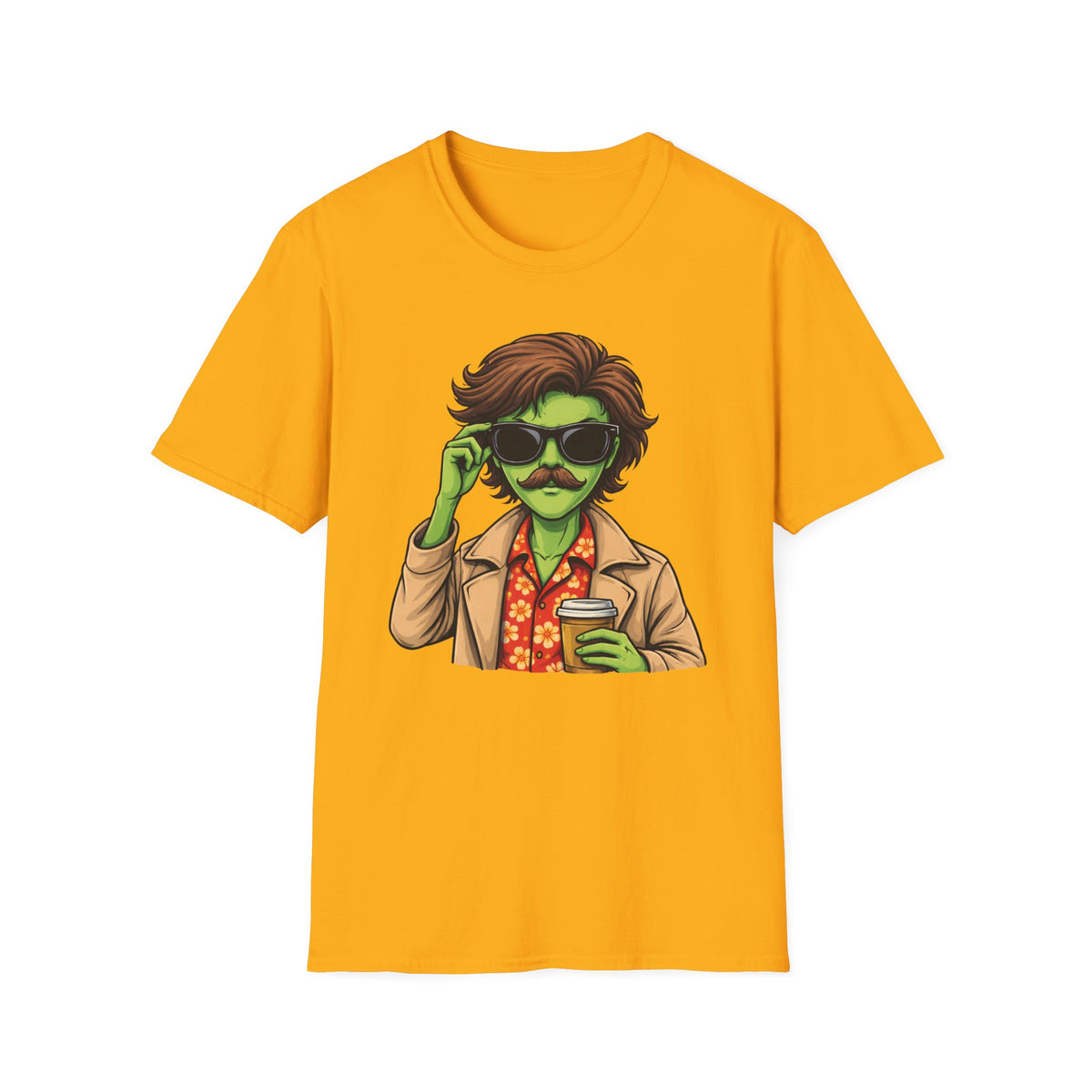 Alien Dude T‑Shirt — Retro Green Alien with Sunglasses & Mustache