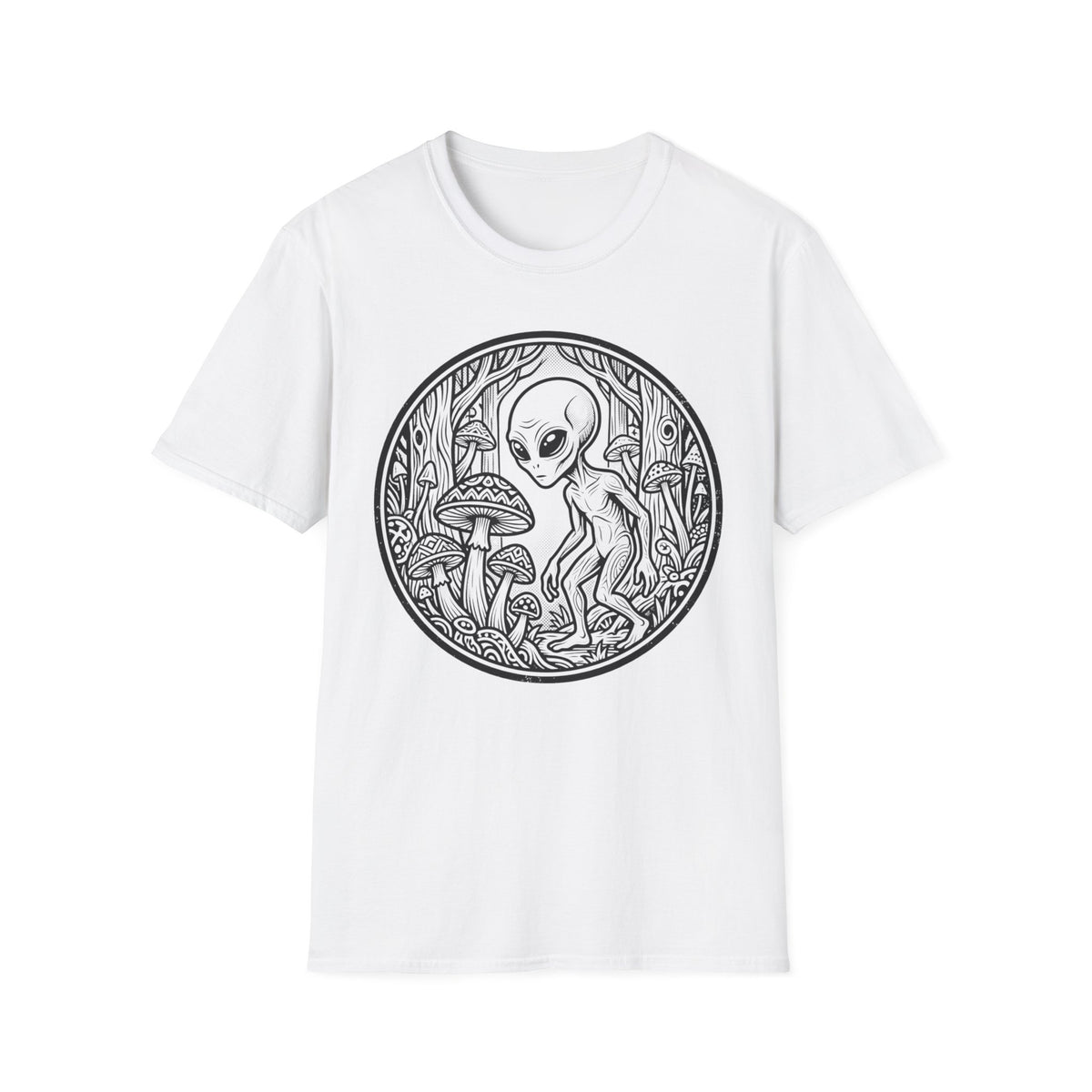 Alien Among Mushrooms T‑Shirt — Psychedelic Forest Graphic Tee