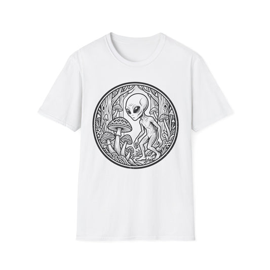 Alien Among Mushrooms T‑Shirt — Psychedelic Forest Graphic Tee