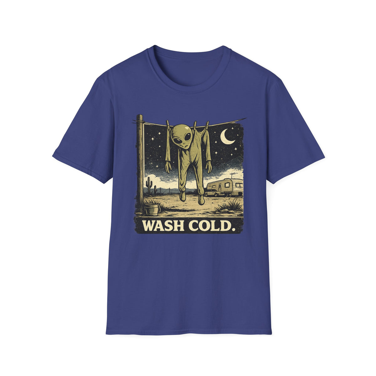 Alien Hanging on Clothesline 'Wash Cold' T‑Shirt — Retro Desert UFO Graphic Tee