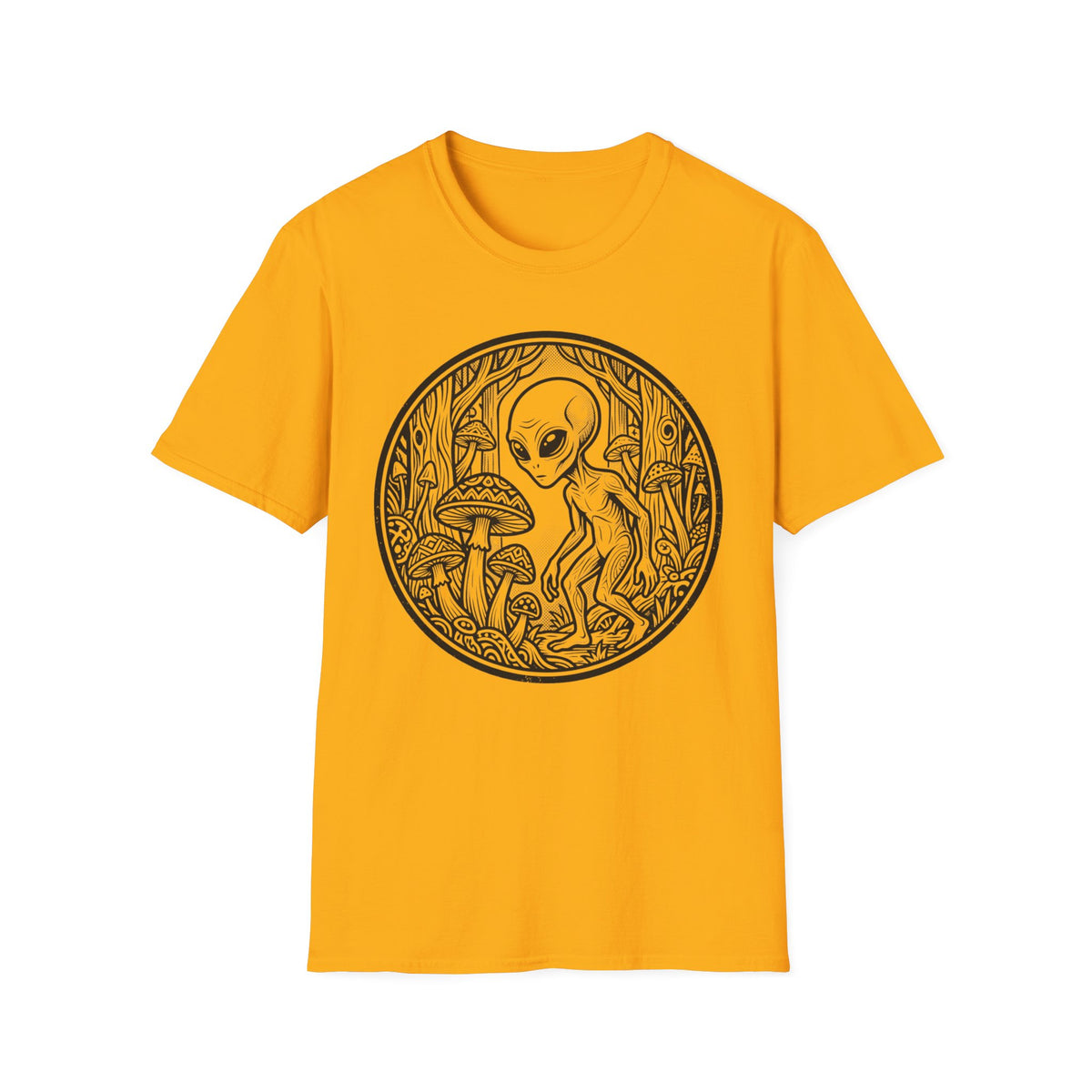 Alien Among Mushrooms T‑Shirt — Psychedelic Forest Graphic Tee