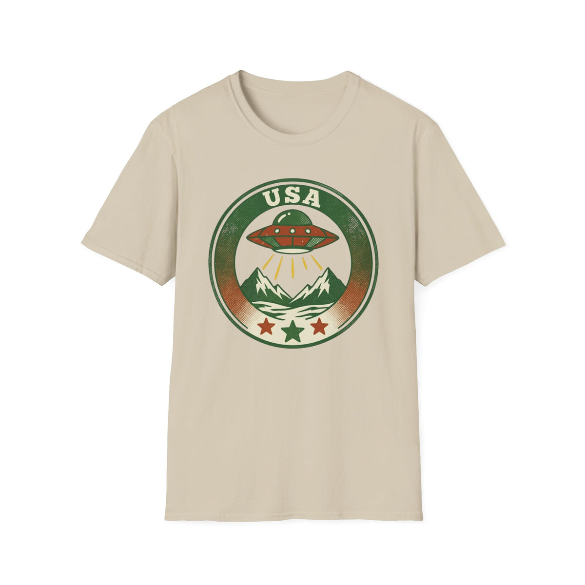 USA UFO Badge T-Shirt — Retro Alien Spaceship Graphic
