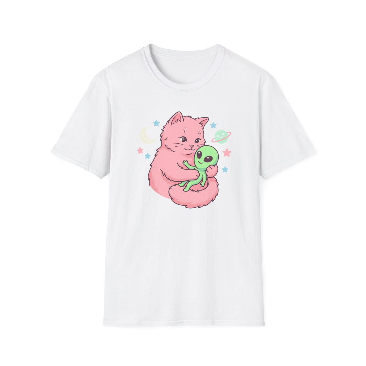 Cute Pink Cat Hugging Alien T-Shirt — Whimsical Space Kitty Graphic Tee