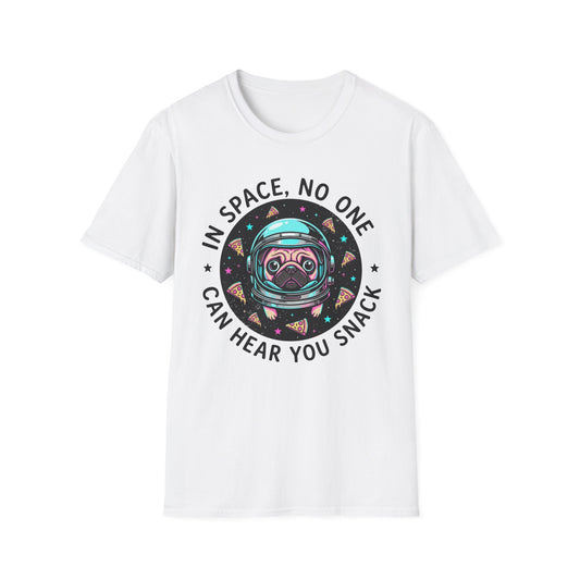 T‑Shirt — “In Space, No One Can Hear You Snack” Pug Astronaut Graphic Tee
