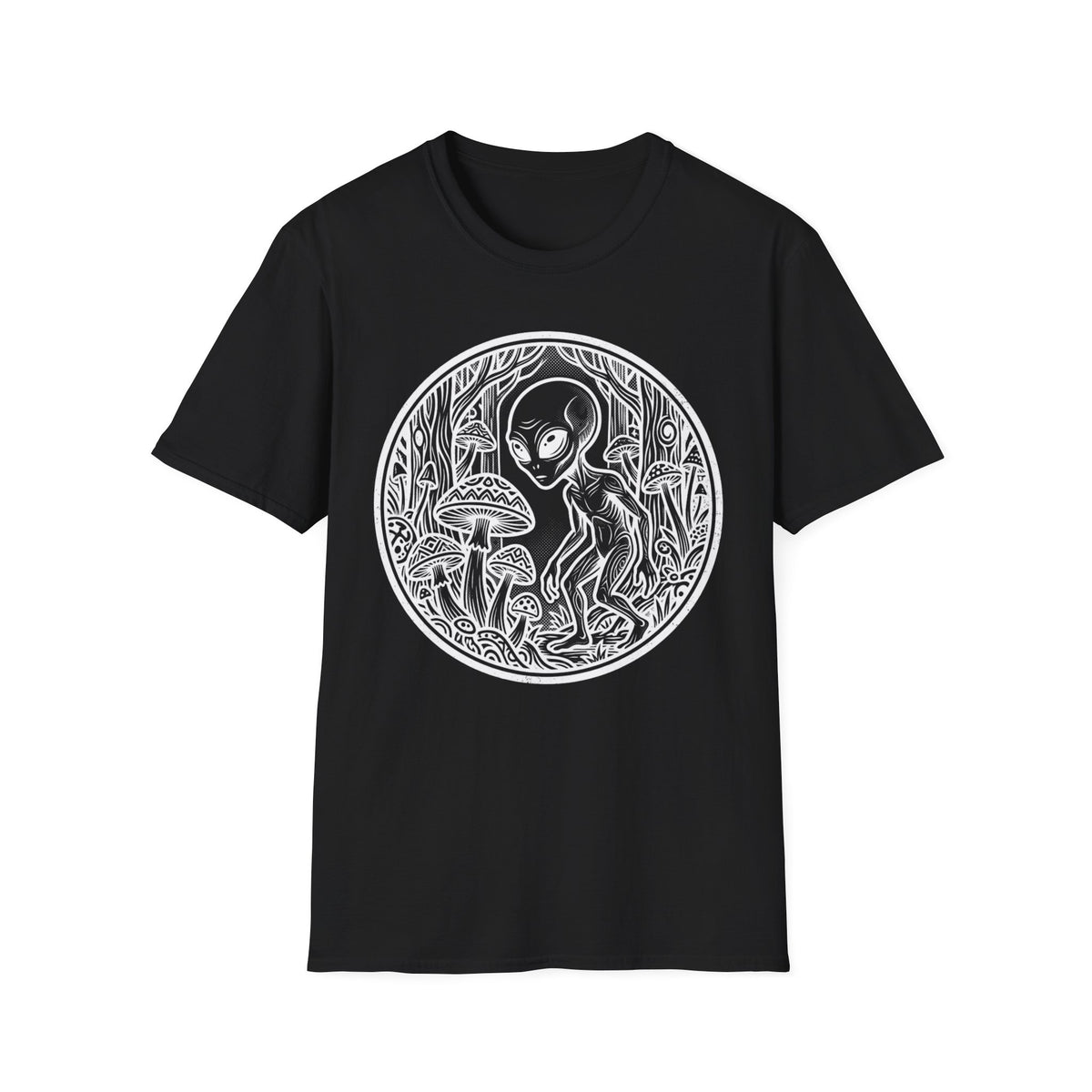 Alien Among Mushrooms T‑Shirt — Psychedelic Forest Graphic Tee