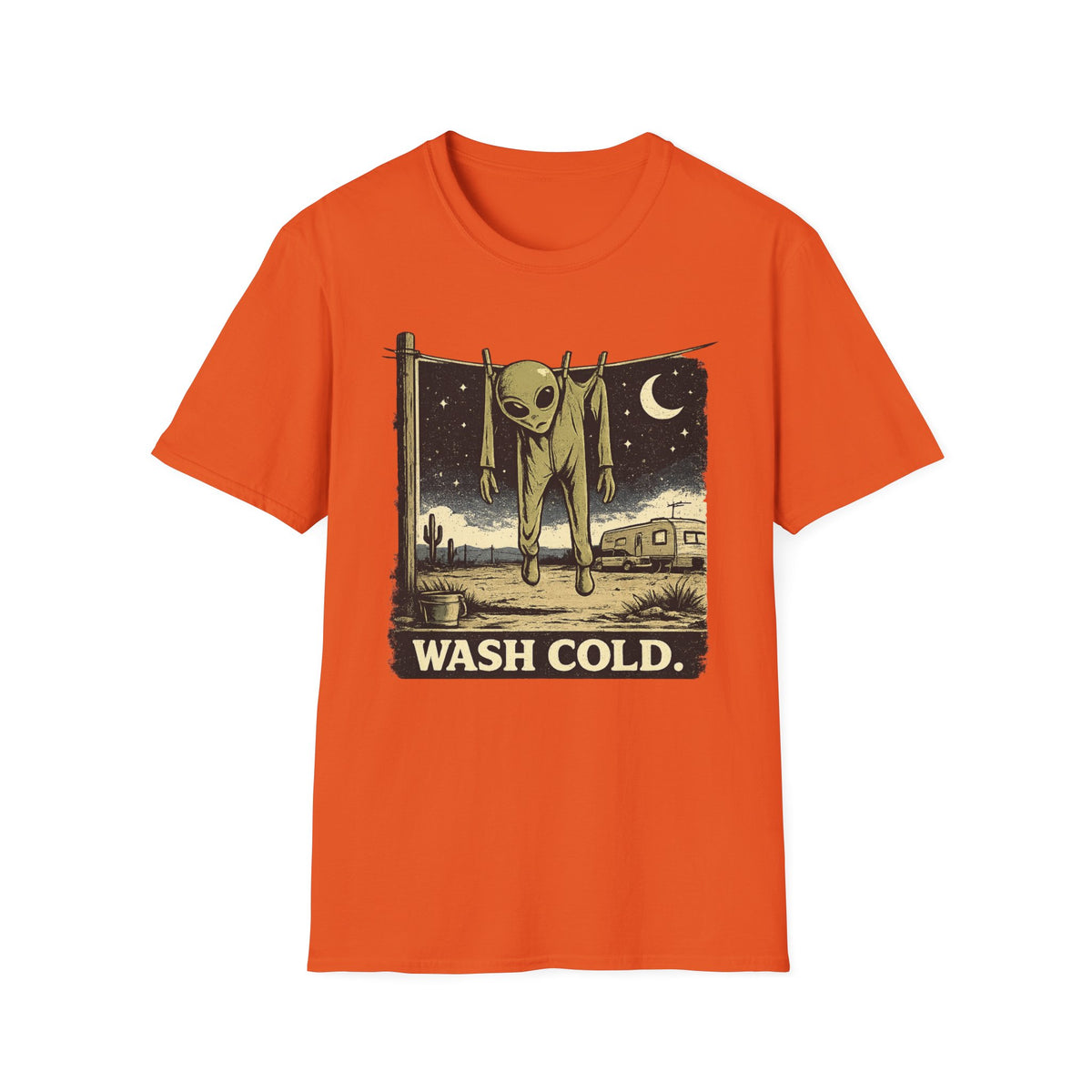 Alien Hanging on Clothesline 'Wash Cold' T‑Shirt — Retro Desert UFO Graphic Tee