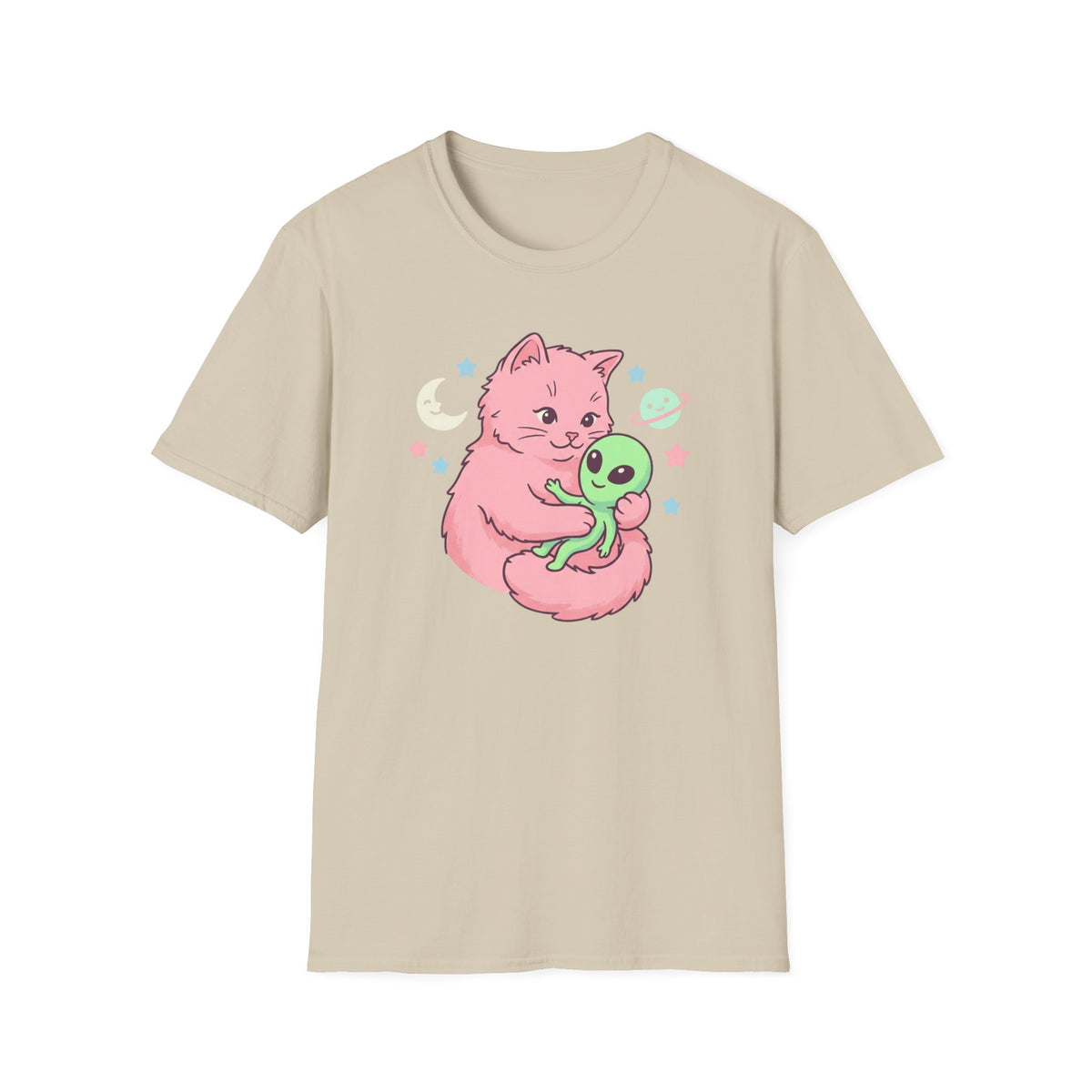 Cute Pink Cat Hugging Alien T-Shirt — Whimsical Space Kitty Graphic Tee