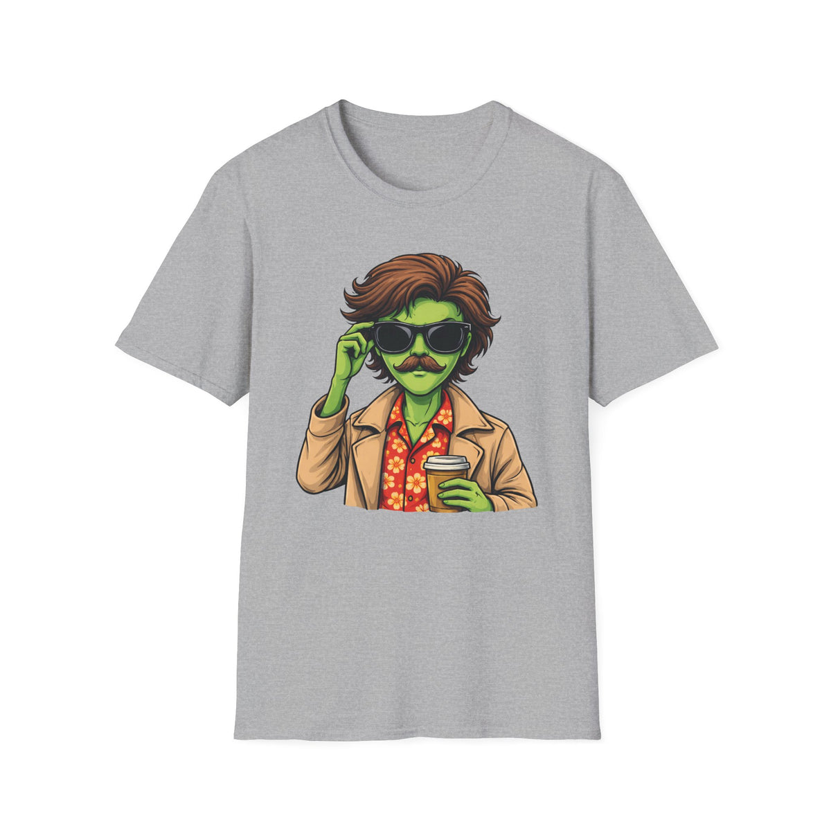 Alien Dude T‑Shirt — Retro Green Alien with Sunglasses & Mustache