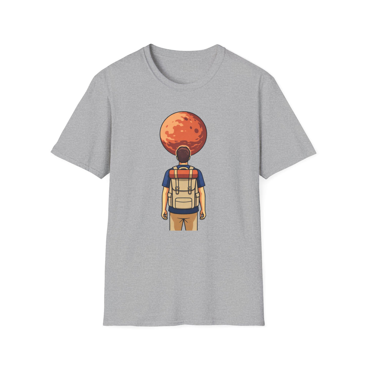 Adventure Backpacker T‑Shirt — Traveler Gazing at Red Planet Graphic