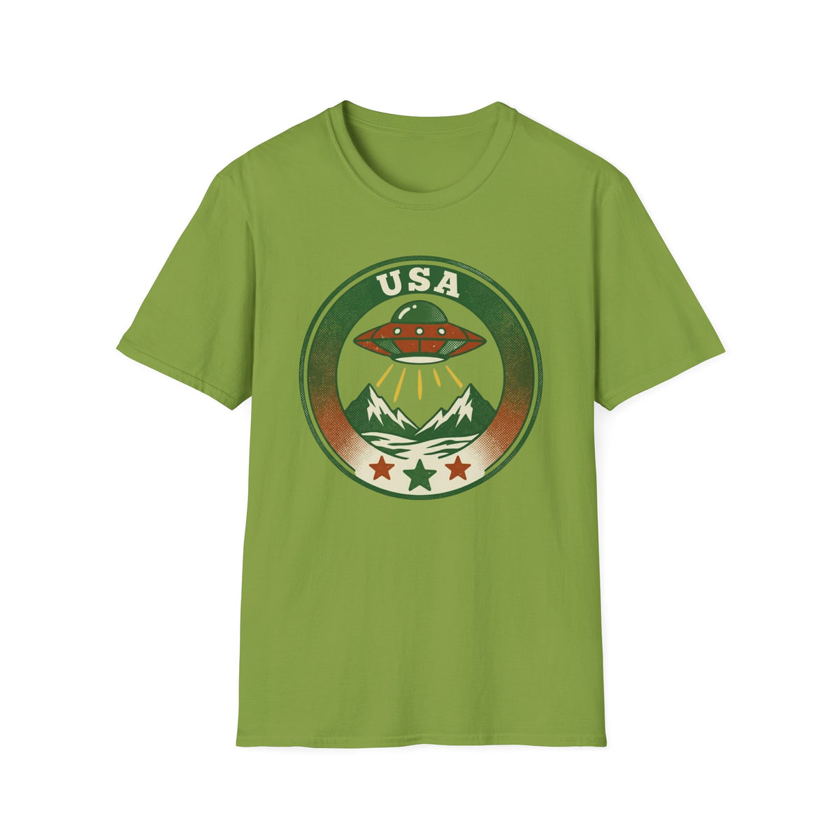 USA UFO Badge T-Shirt — Retro Alien Spaceship Graphic