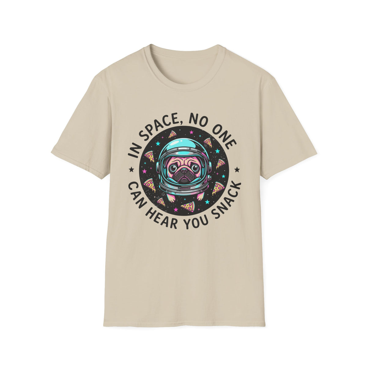 T‑Shirt — “In Space, No One Can Hear You Snack” Pug Astronaut Graphic Tee