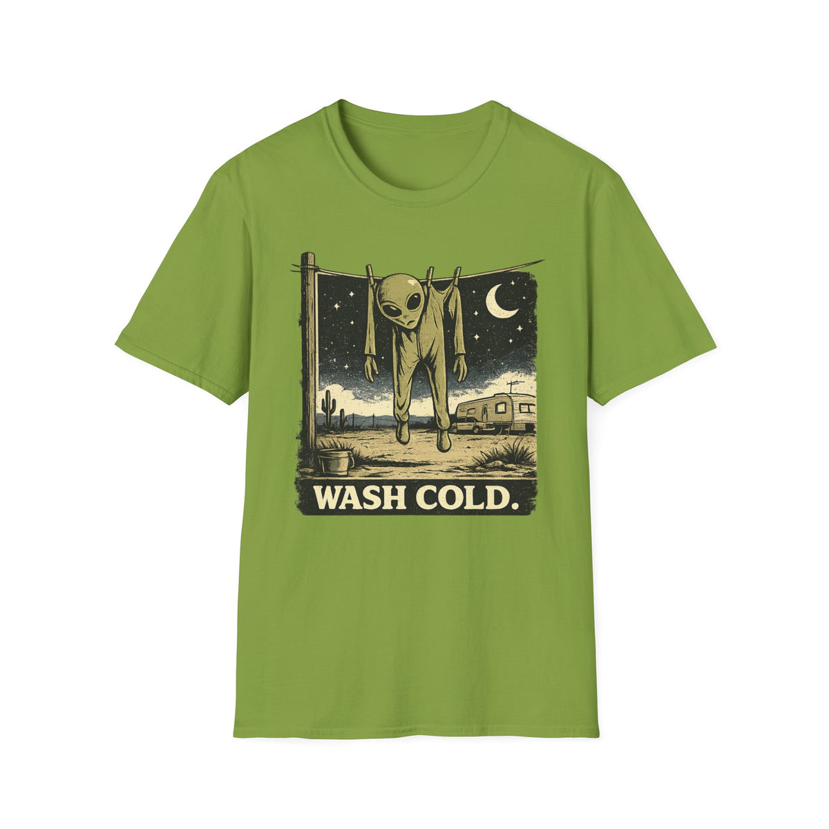 Alien Hanging on Clothesline 'Wash Cold' T‑Shirt — Retro Desert UFO Graphic Tee