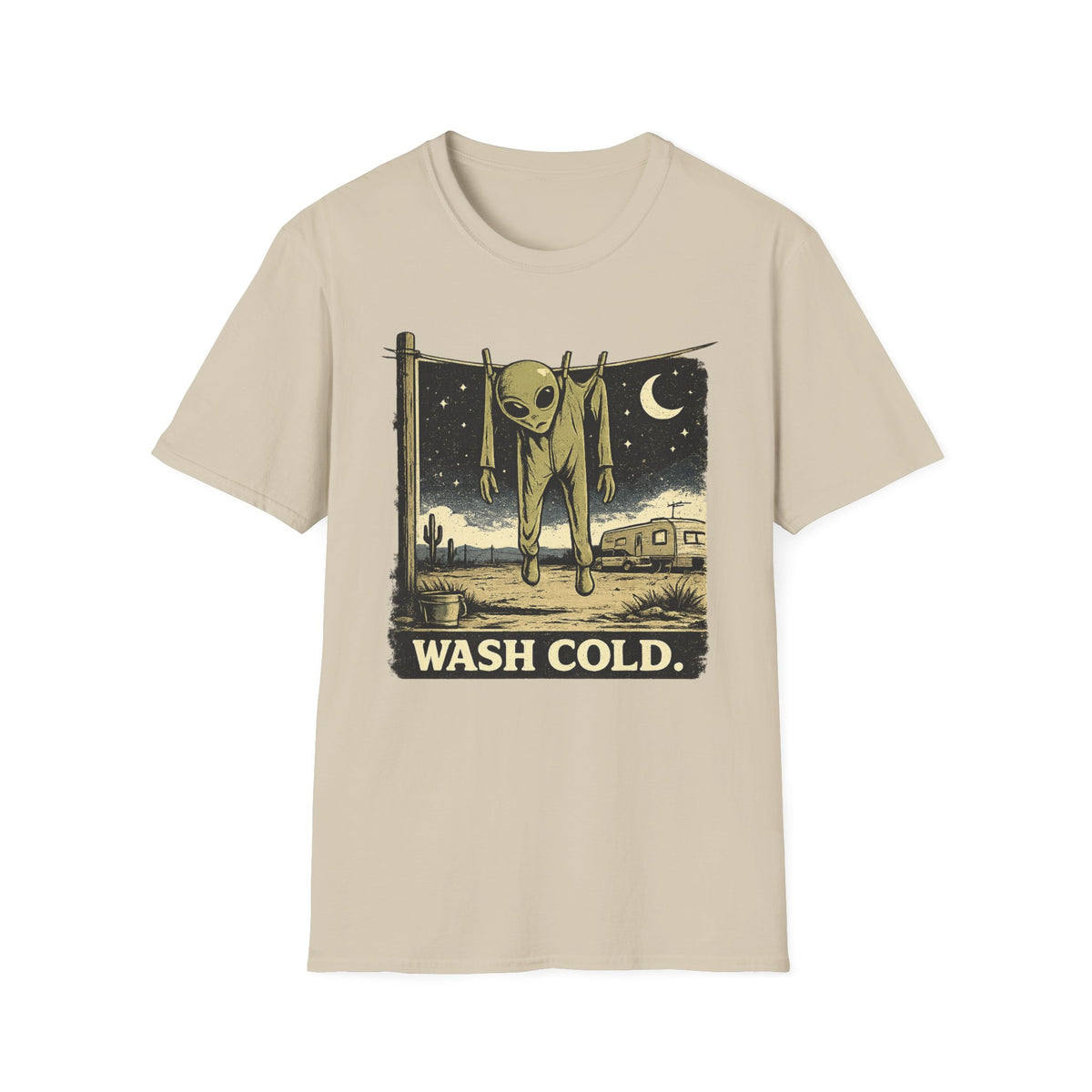 Alien Hanging on Clothesline 'Wash Cold' T‑Shirt — Retro Desert UFO Graphic Tee