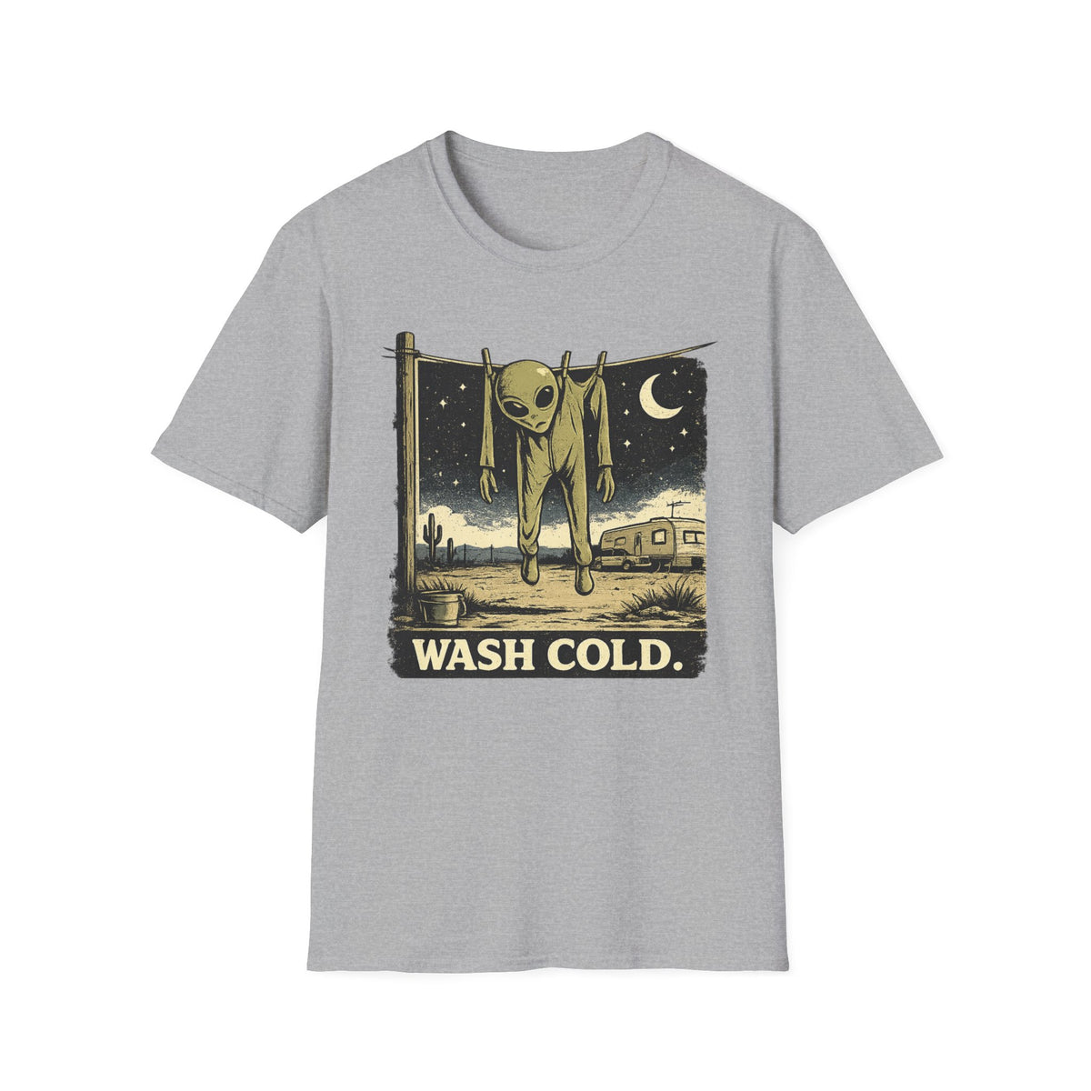 Alien Hanging on Clothesline 'Wash Cold' T‑Shirt — Retro Desert UFO Graphic Tee