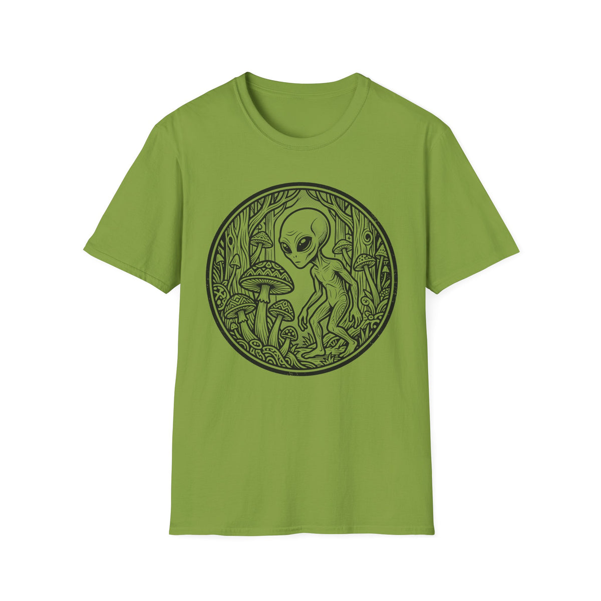 Alien Among Mushrooms T‑Shirt — Psychedelic Forest Graphic Tee