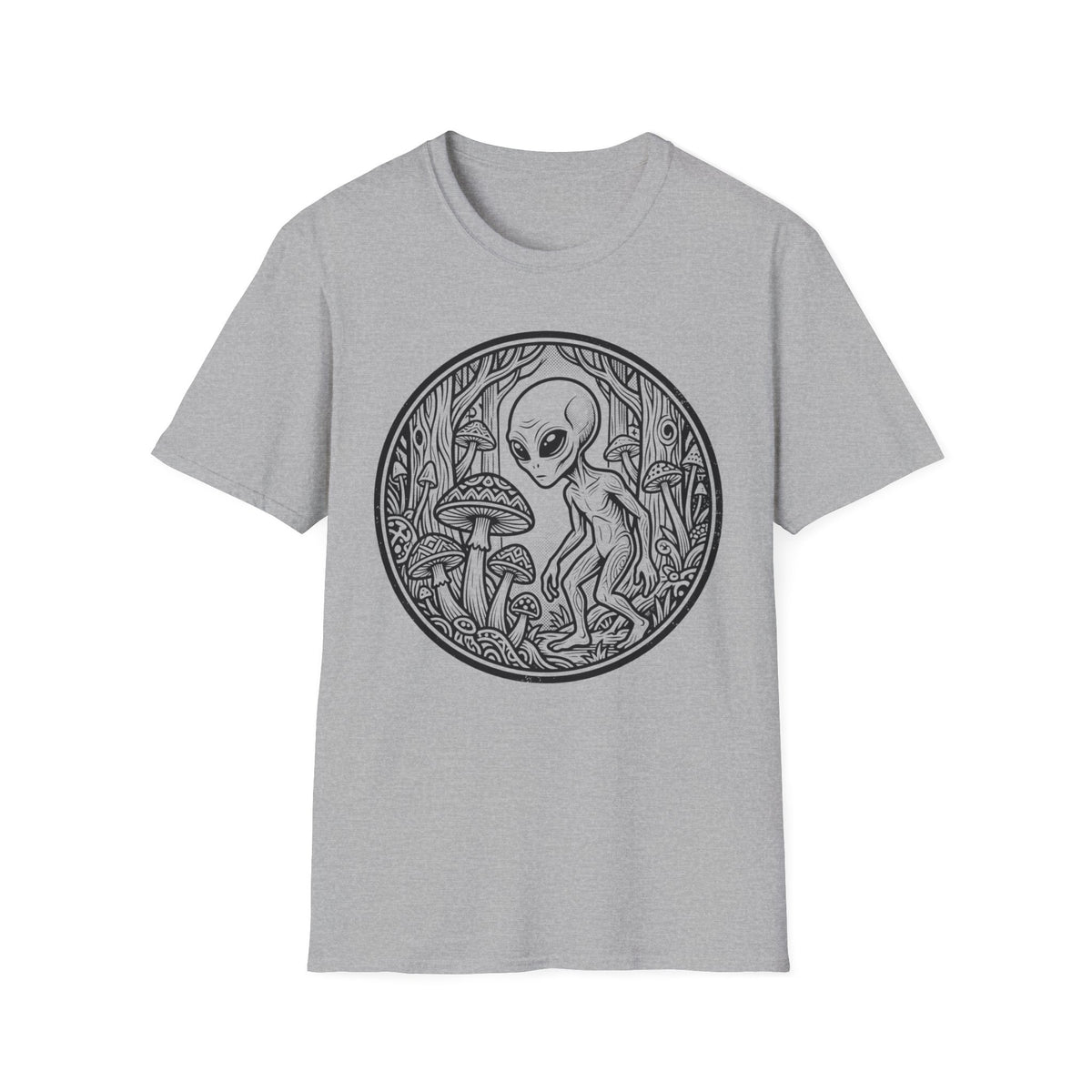 Alien Among Mushrooms T‑Shirt — Psychedelic Forest Graphic Tee