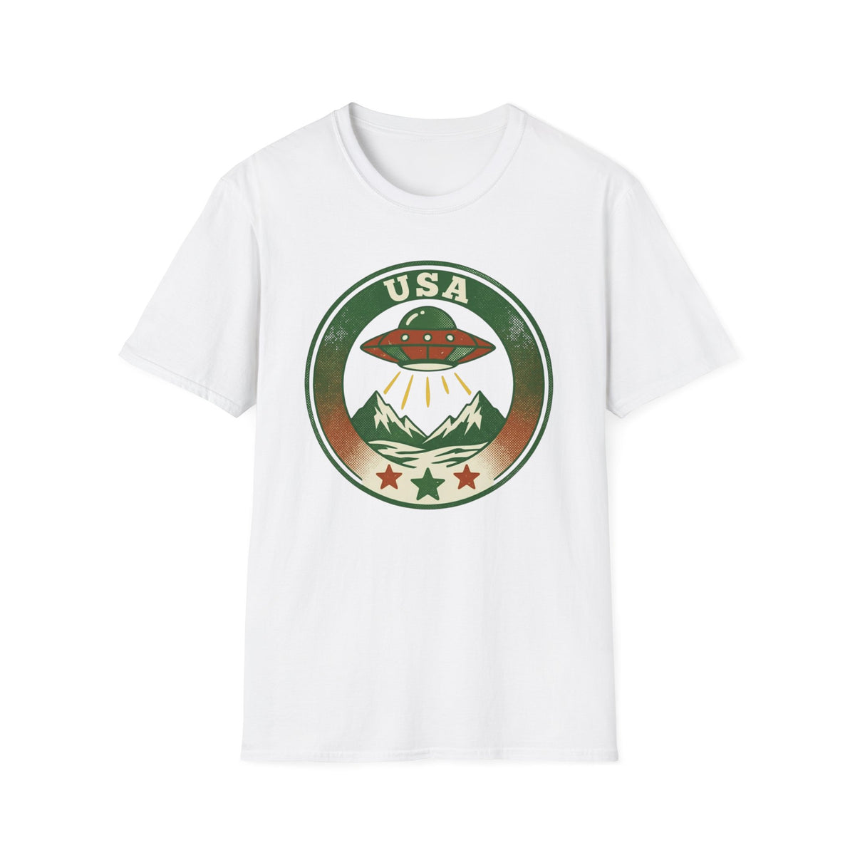 USA UFO Badge T-Shirt — Retro Alien Spaceship Graphic