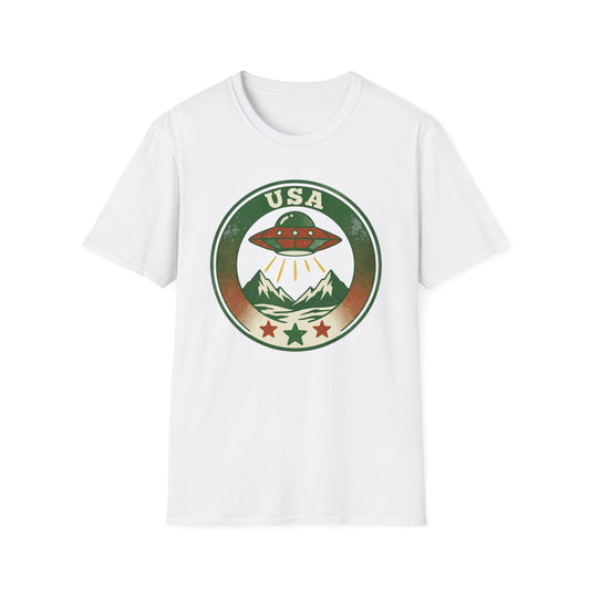 USA UFO Badge T-Shirt — Retro Alien Spaceship Graphic