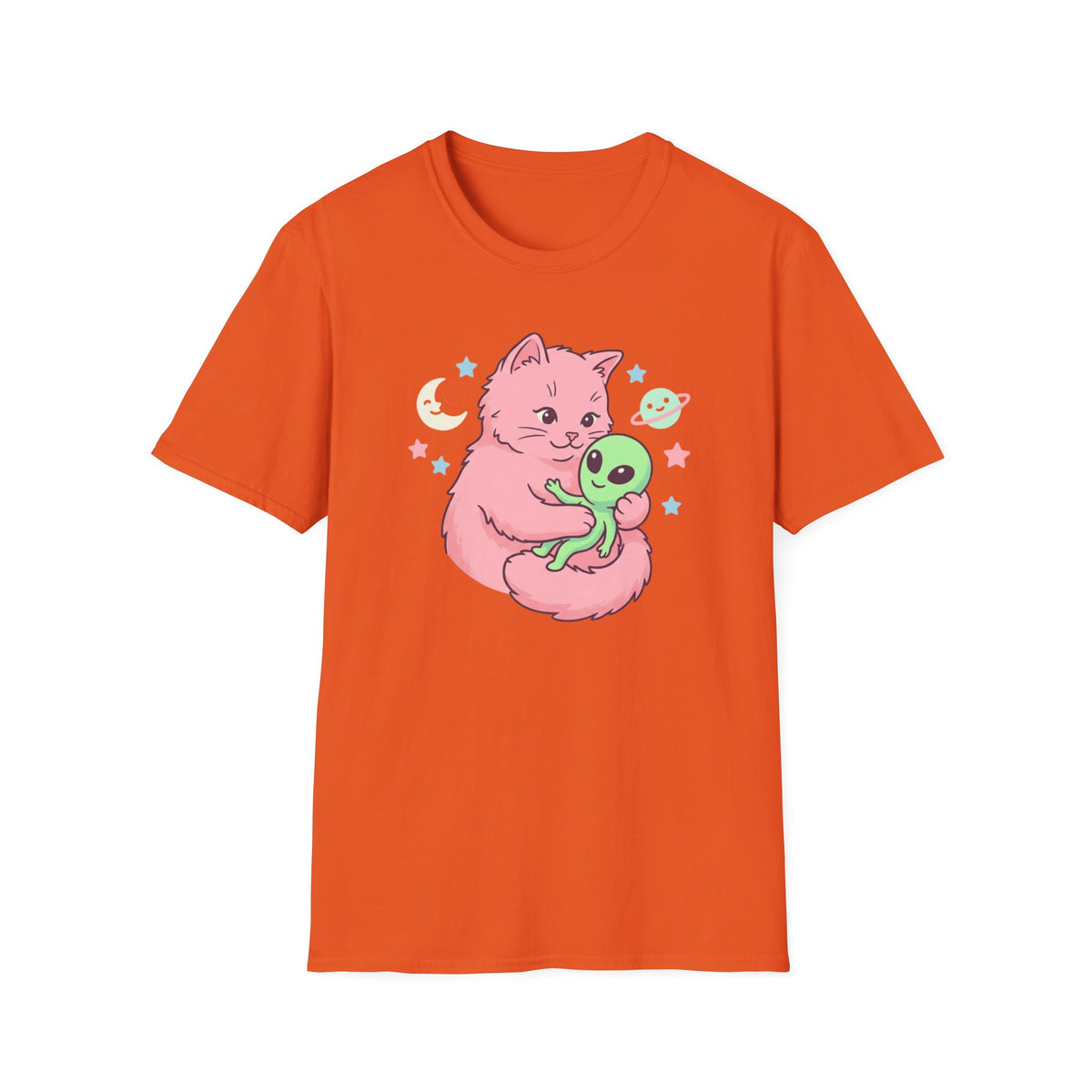 Cute Pink Cat Hugging Alien T-Shirt — Whimsical Space Kitty Graphic Tee