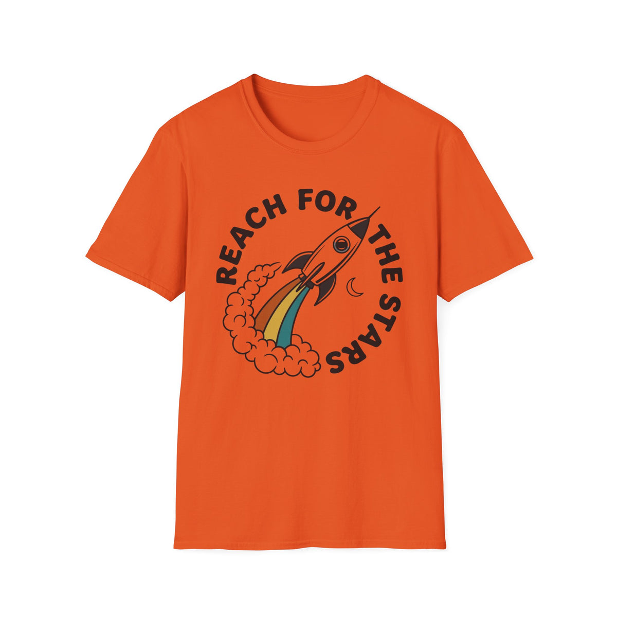 Reach for the Stars Rocket T-Shirt — Inspirational Retro Rainbow Space Tee
