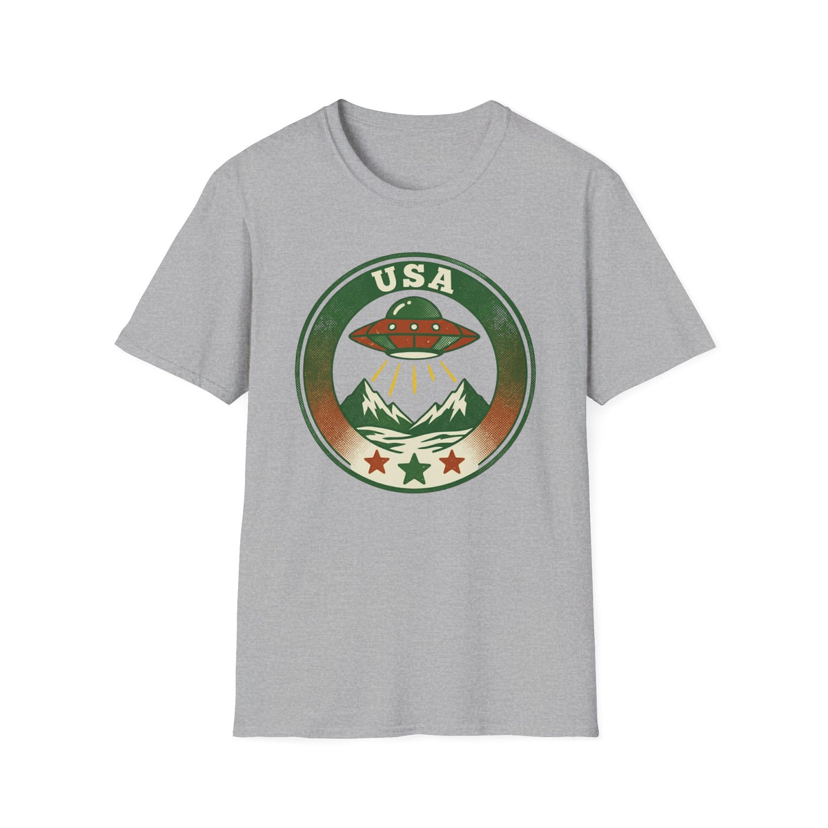 USA UFO Badge T-Shirt — Retro Alien Spaceship Graphic
