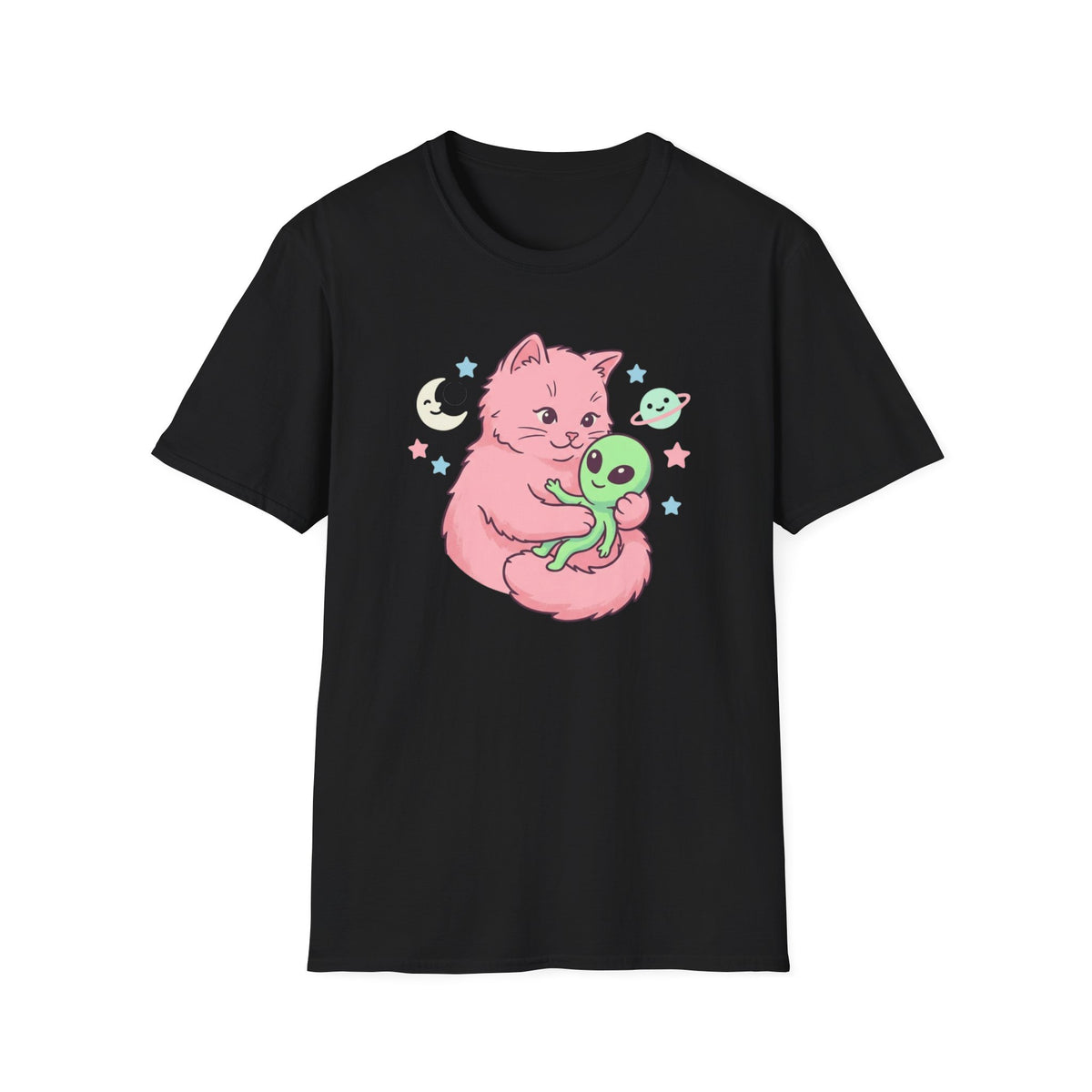Cute Pink Cat Hugging Alien T-Shirt — Whimsical Space Kitty Graphic Tee
