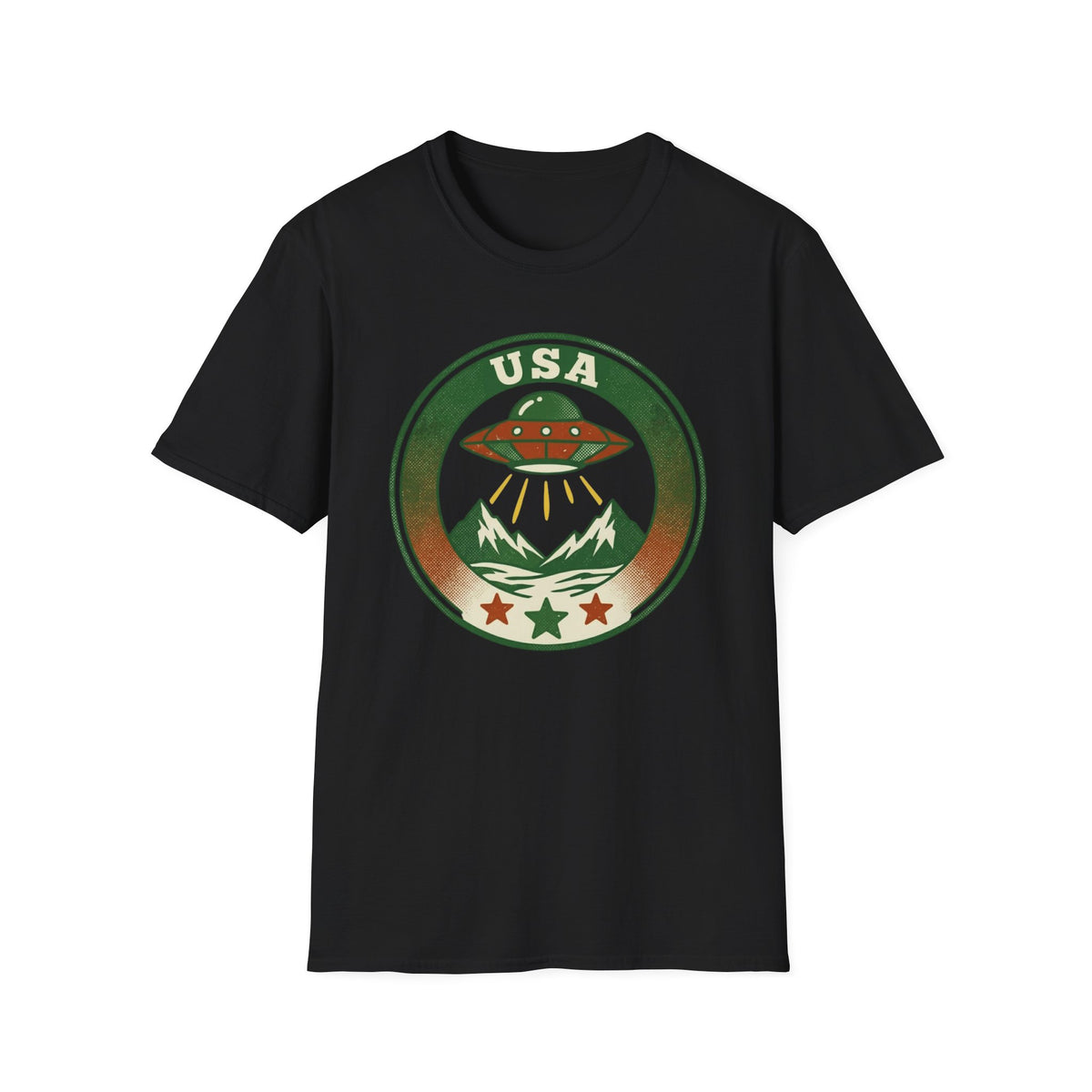 USA UFO Badge T-Shirt — Retro Alien Spaceship Graphic