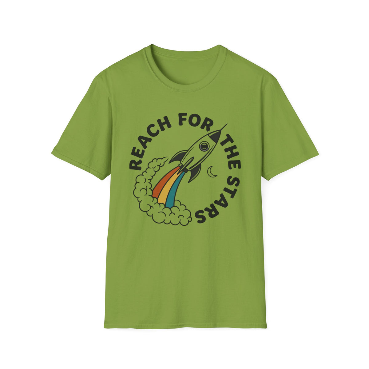 Reach for the Stars Rocket T-Shirt — Inspirational Retro Rainbow Space Tee