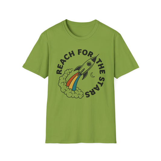 Reach for the Stars Rocket T-Shirt — Inspirational Retro Rainbow Space Tee