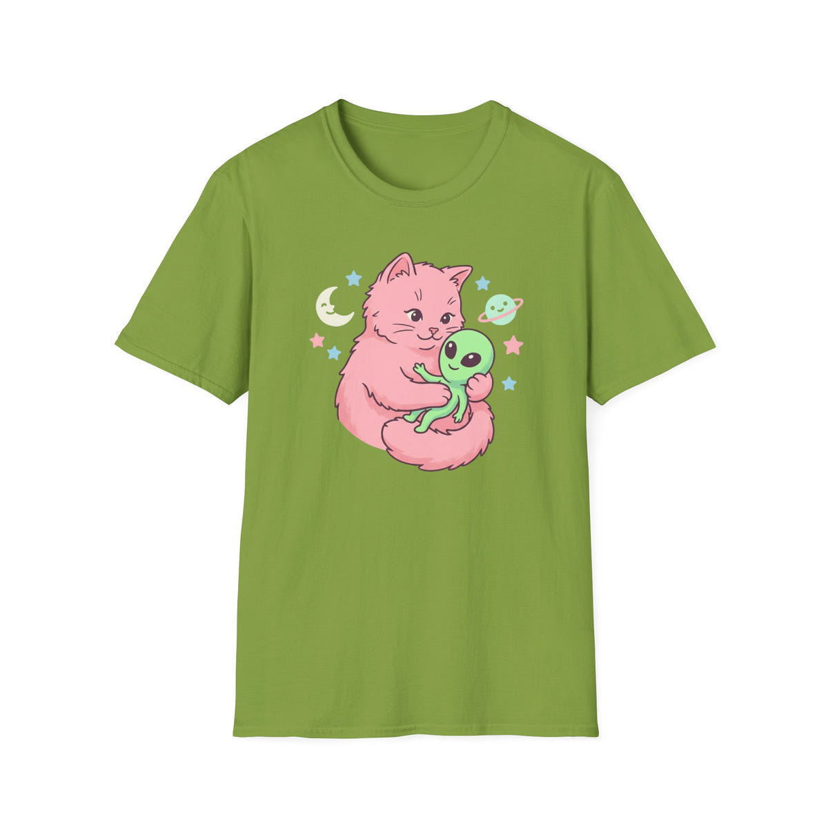 Cute Pink Cat Hugging Alien T-Shirt — Whimsical Space Kitty Graphic Tee