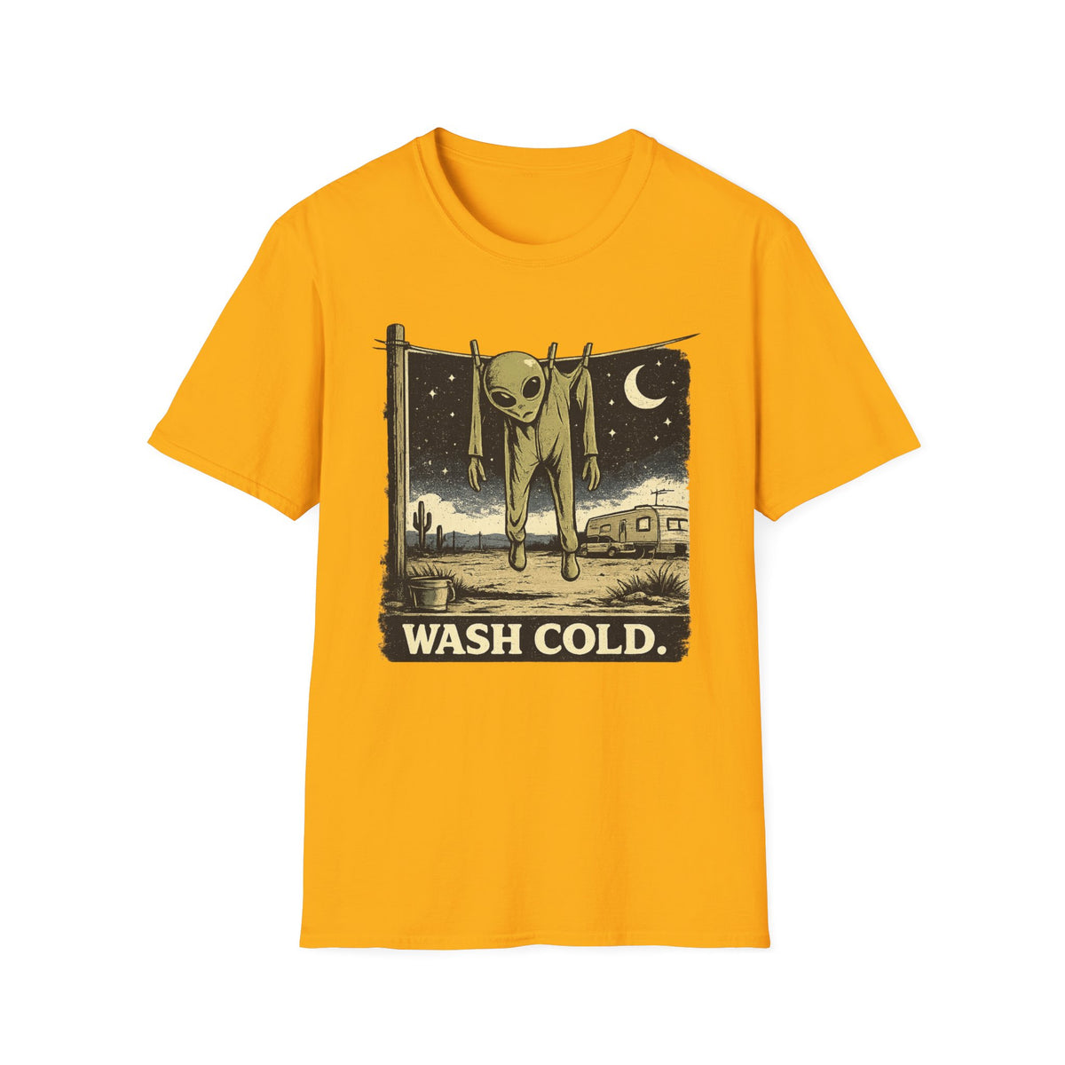Alien Hanging on Clothesline 'Wash Cold' T‑Shirt — Retro Desert UFO Graphic Tee