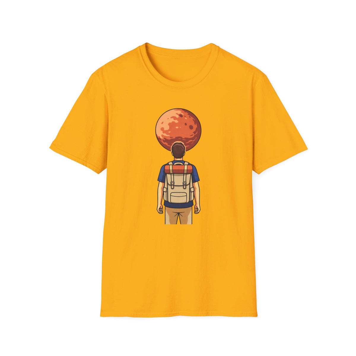 Adventure Backpacker T‑Shirt — Traveler Gazing at Red Planet Graphic