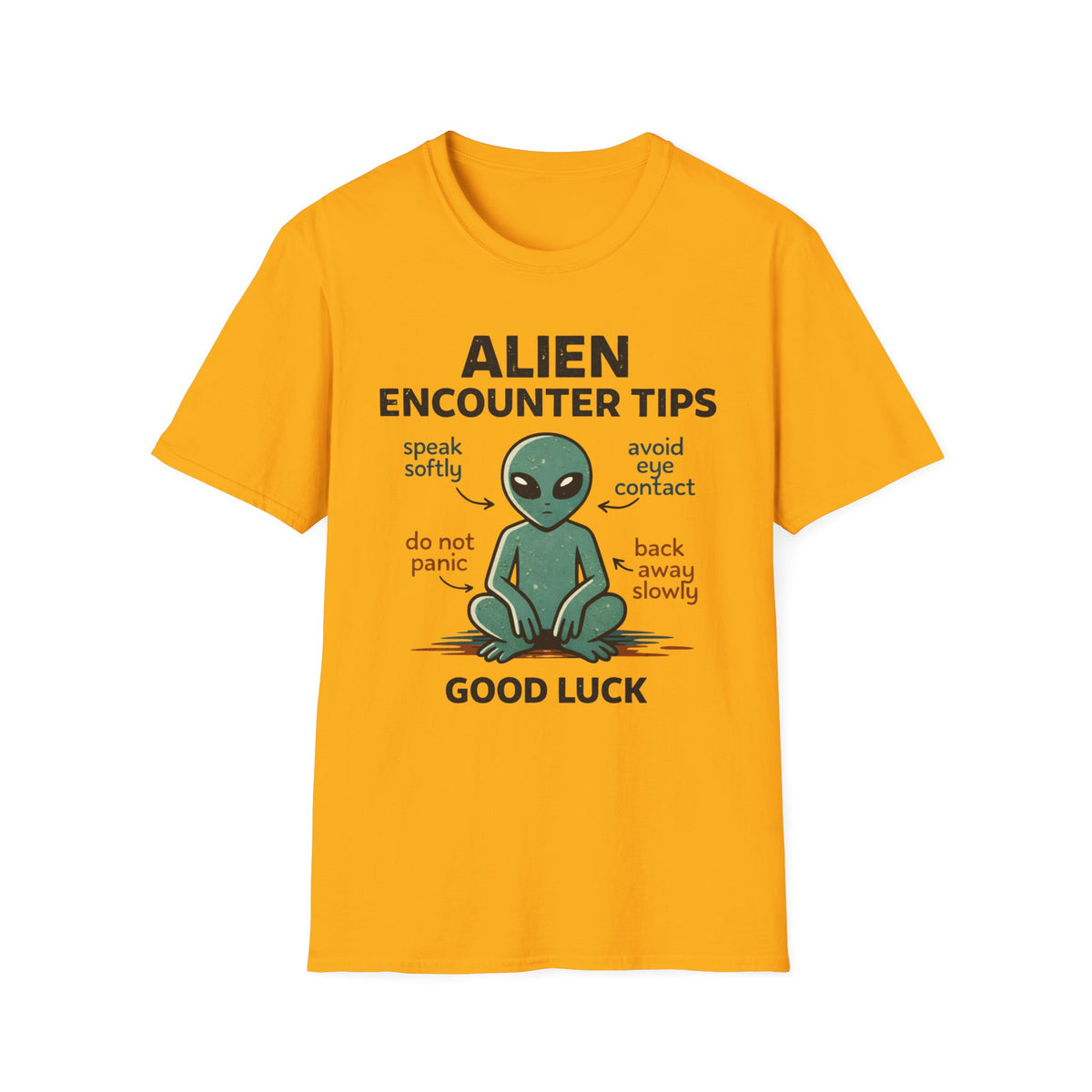 Alien Encounter Tips T-Shirt — Cute Cartoon Alien Graphic, 'Speak Softly • Avoid Eye Contact' Tee