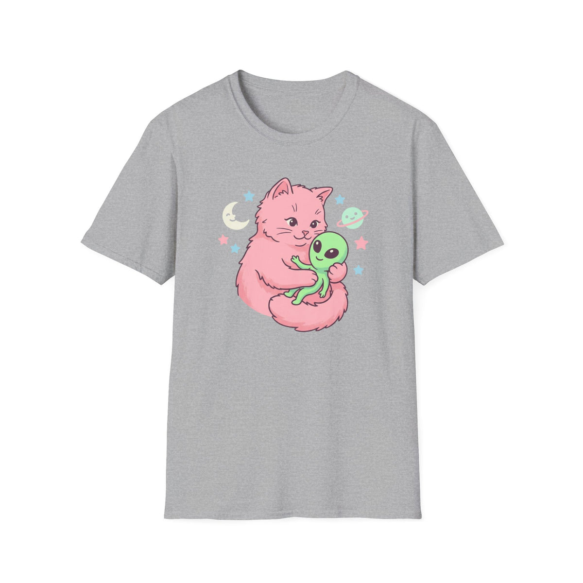 Cute Pink Cat Hugging Alien T-Shirt — Whimsical Space Kitty Graphic Tee