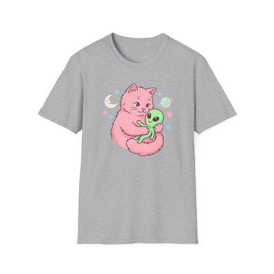 Cute Pink Cat Hugging Alien T-Shirt — Whimsical Space Kitty Graphic Tee