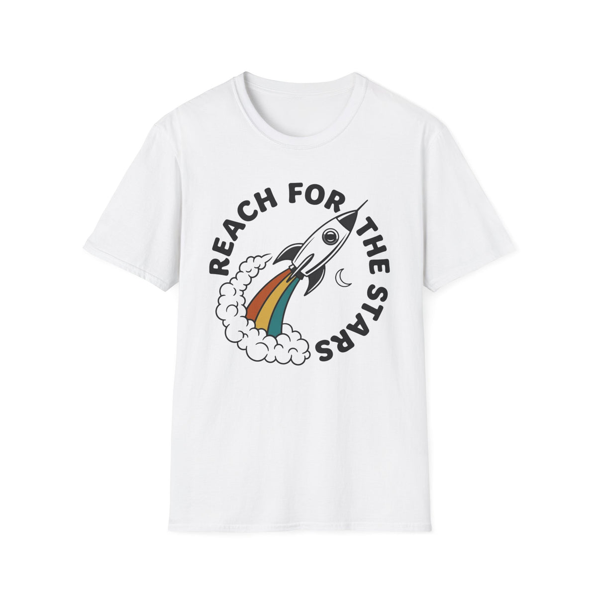 Reach for the Stars Rocket T-Shirt — Inspirational Retro Rainbow Space Tee