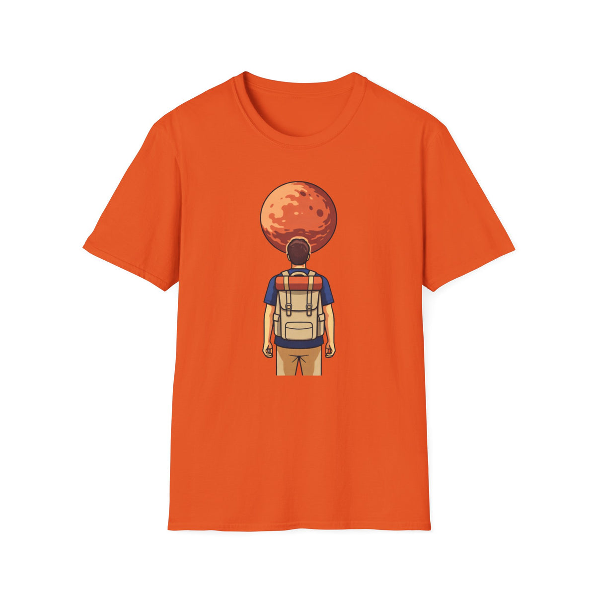Adventure Backpacker T‑Shirt — Traveler Gazing at Red Planet Graphic