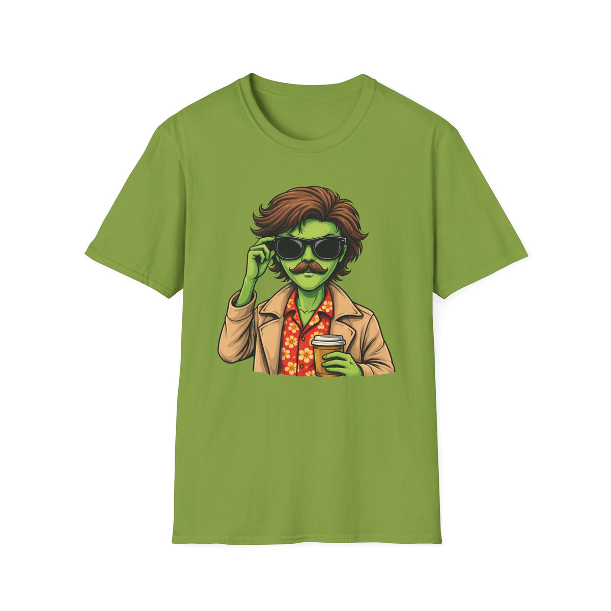 Alien Dude T‑Shirt — Retro Green Alien with Sunglasses & Mustache