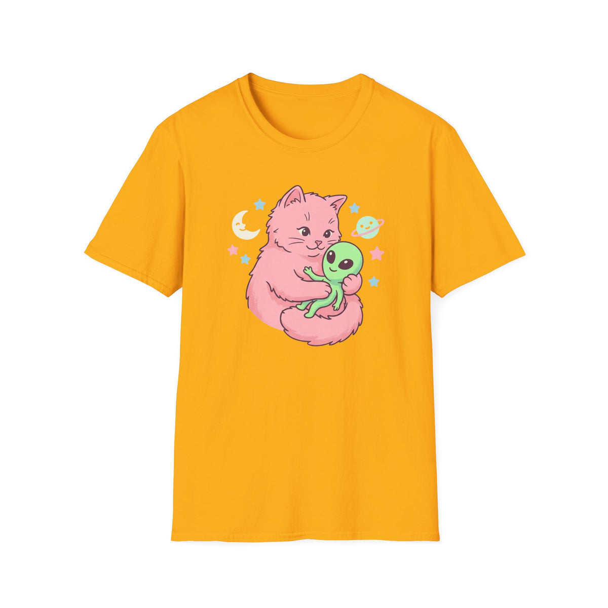 Cute Pink Cat Hugging Alien T-Shirt — Whimsical Space Kitty Graphic Tee