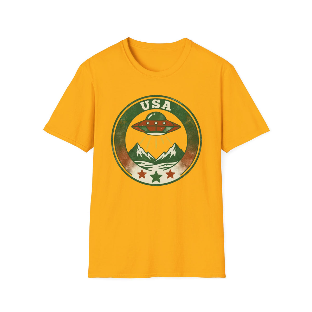 USA UFO Badge T-Shirt — Retro Alien Spaceship Graphic