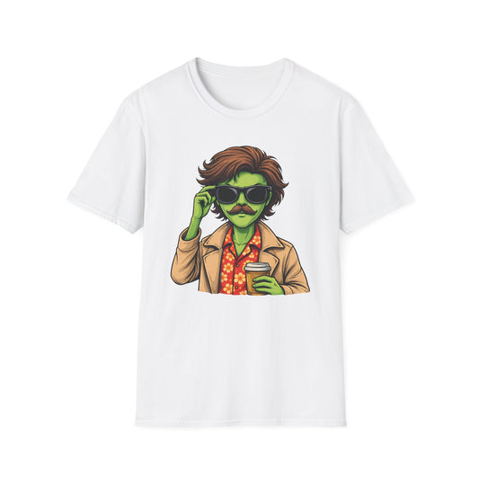 Alien Dude T‑Shirt — Retro Green Alien with Sunglasses & Mustache