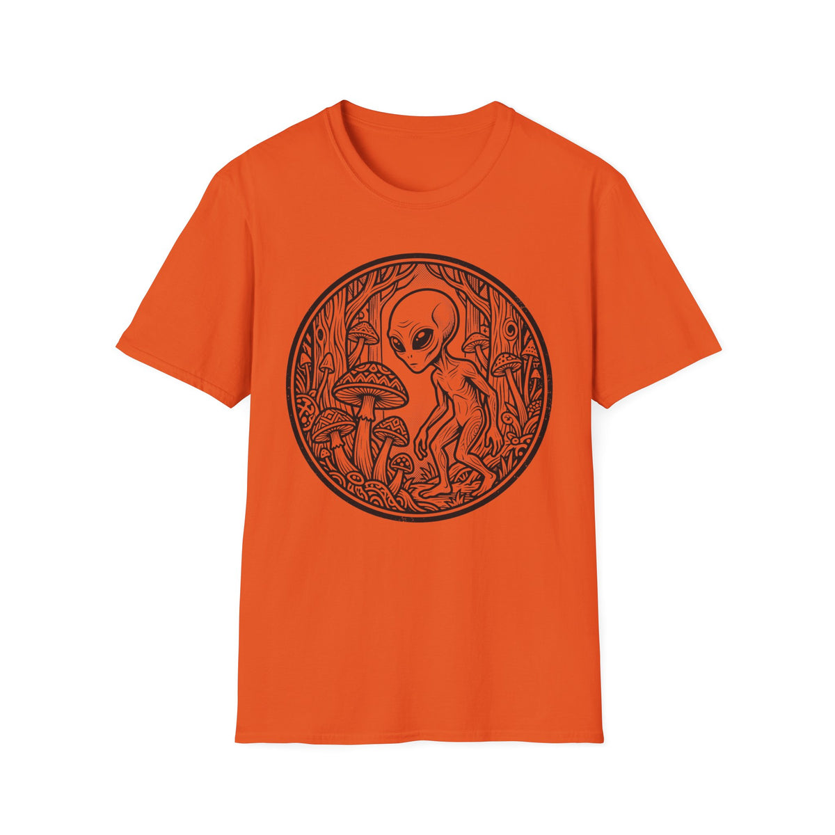 Alien Among Mushrooms T‑Shirt — Psychedelic Forest Graphic Tee
