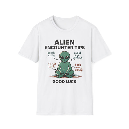 Alien Encounter Tips T-Shirt — Cute Cartoon Alien Graphic, 'Speak Softly • Avoid Eye Contact' Tee