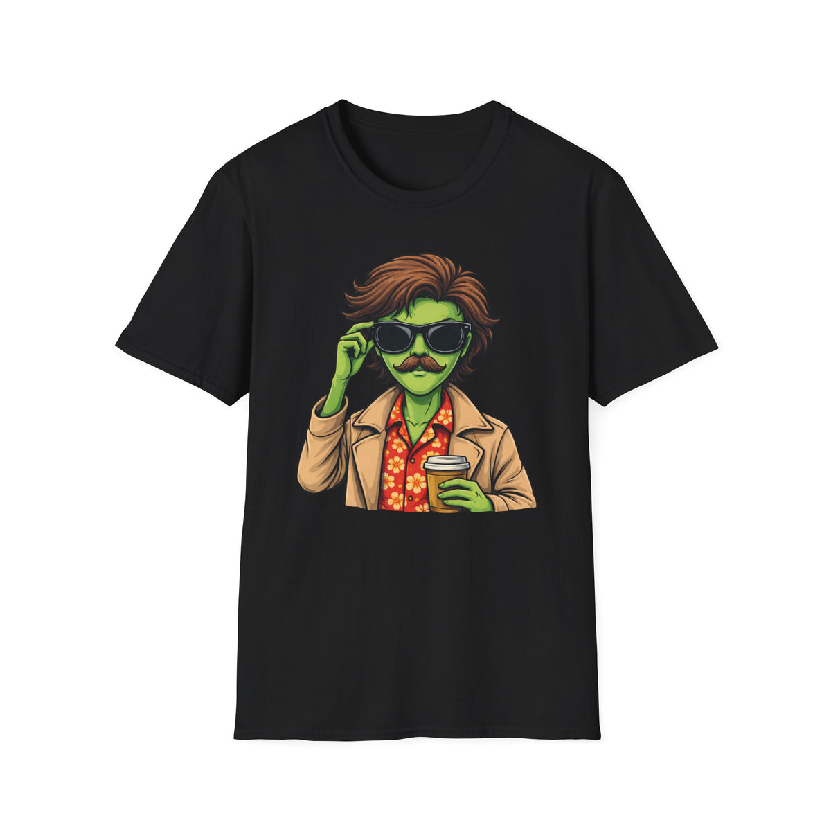 Alien Dude T‑Shirt — Retro Green Alien with Sunglasses & Mustache