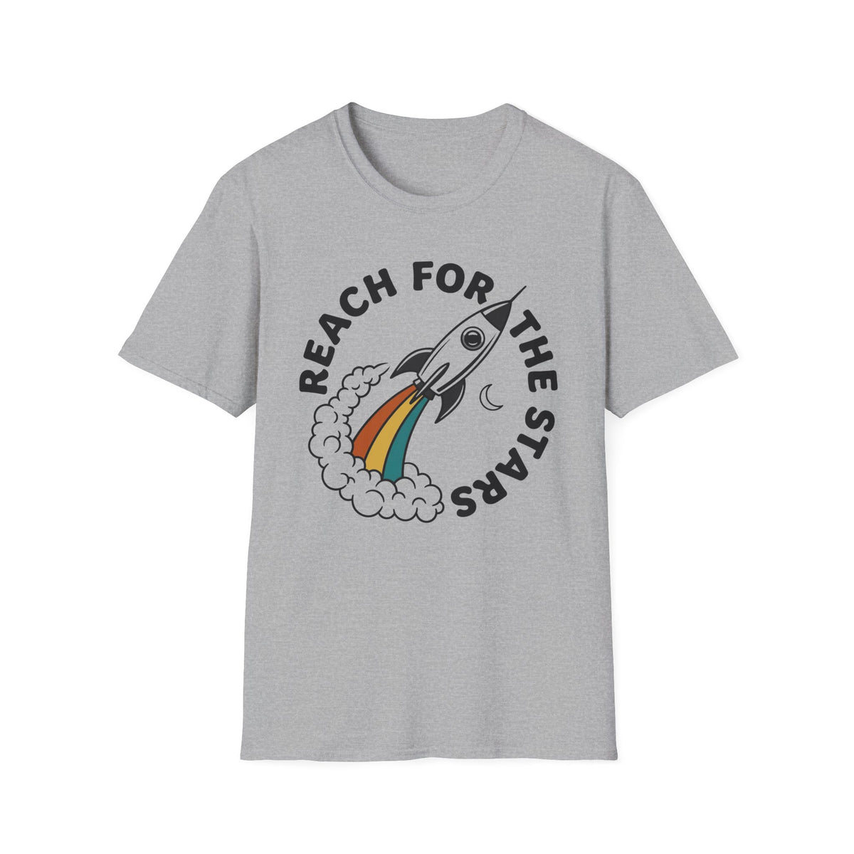 Reach for the Stars Rocket T-Shirt — Inspirational Retro Rainbow Space Tee
