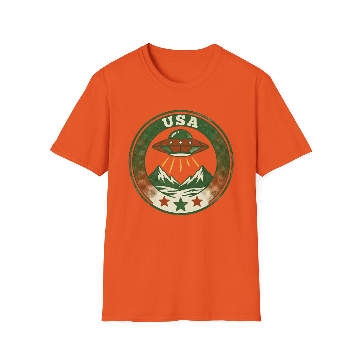 USA UFO Badge T-Shirt — Retro Alien Spaceship Graphic
